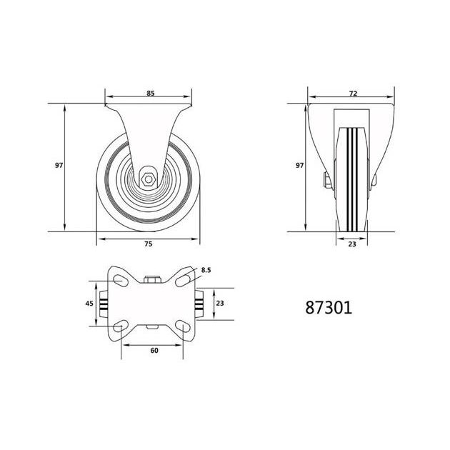 Колесо для тележки 75 мм, b = 23 мм VOREL зі стаціонарною опорою; h = 97 мм, навантаження 40 кг (VO-87301), фото , зображення 4 | SNABZHENIE.com.ua Колесо для тележки 75 мм, b = 23 мм VOREL зі стаціонарною опорою; h = 97 мм, навантаження 40 кг (VO-87301), фото , зображення 4 | SNABZHENIE.com.ua