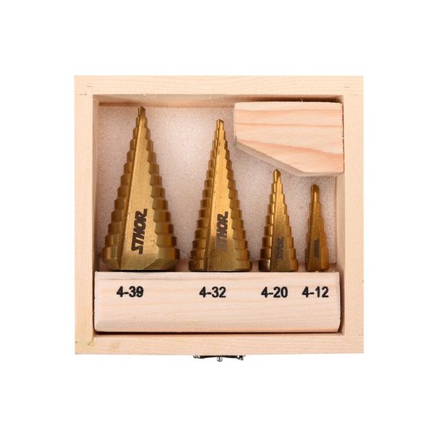 Свердла конічні ступінчасті титанові по металу STHOR: Ø=4-39мм, HSS 4241, 4шт. в дерев. футлярі [20], фото , зображення 2 | SNABZHENIE.com.ua