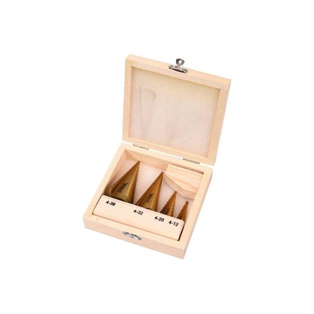 Свердла конічні ступінчасті титанові по металу STHOR: Ø=4-39мм, HSS 4241, 4шт. в дерев. футлярі [20], фото , зображення 3 | SNABZHENIE.com.ua