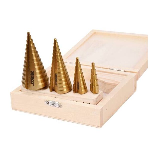 Свердла конічні ступінчасті титанові по металу STHOR: Ø=4-39мм, HSS 4241, 4шт. в дерев. футлярі [20], фото , зображення 4 | SNABZHENIE.com.ua