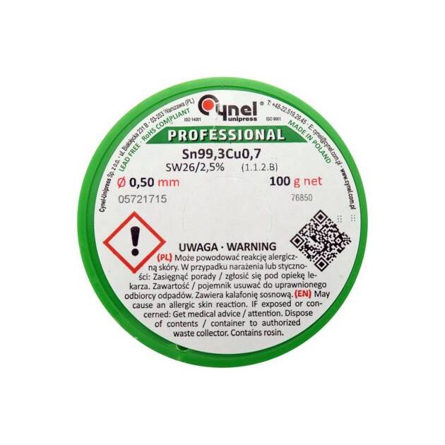 Припій без свинцю CYNEL Ø0,5 мм, Sn99,3-Cu0,7, 100 г з флюсом, фото , изображение 2 | SNABZHENIE.com.ua