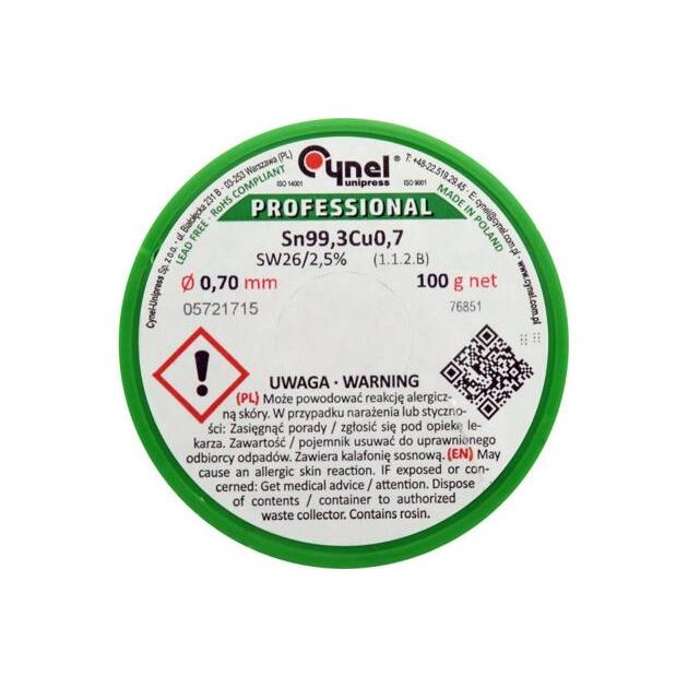Припій без свинцю CYNEL : Ø0,7 мм, Sn99,3-Cu0,7 дротяний на котушці з флюсом m= 100 г [30], фото , зображення 2 | SNABZHENIE.com.ua