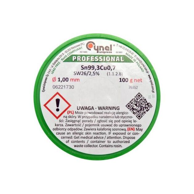 Припій без свинцю CYNEL Ø1 мм, Sn99,3-Cu0,7, 100 г з флюсом, фото , изображение 2 | SNABZHENIE.com.ua