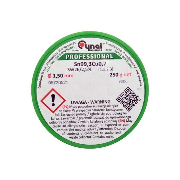 Припій без свинцю CYNEL Ø1,5 мм, Sn99,3-Cu0,7, 250 г на котушці, фото , изображение 2 | SNABZHENIE.com.ua