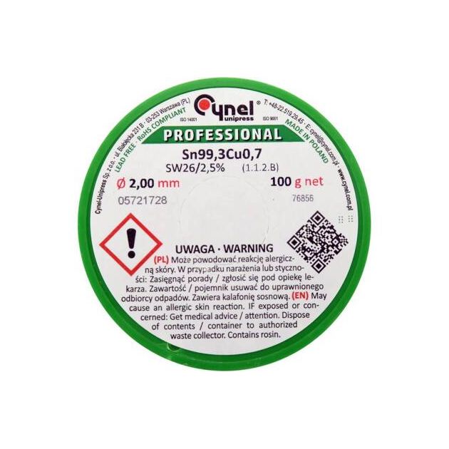 Припій без свинцю CYNEL Ø2 мм, Sn99,3-Cu0,7, 100 г з флюсом, фото , изображение 2 | SNABZHENIE.com.ua