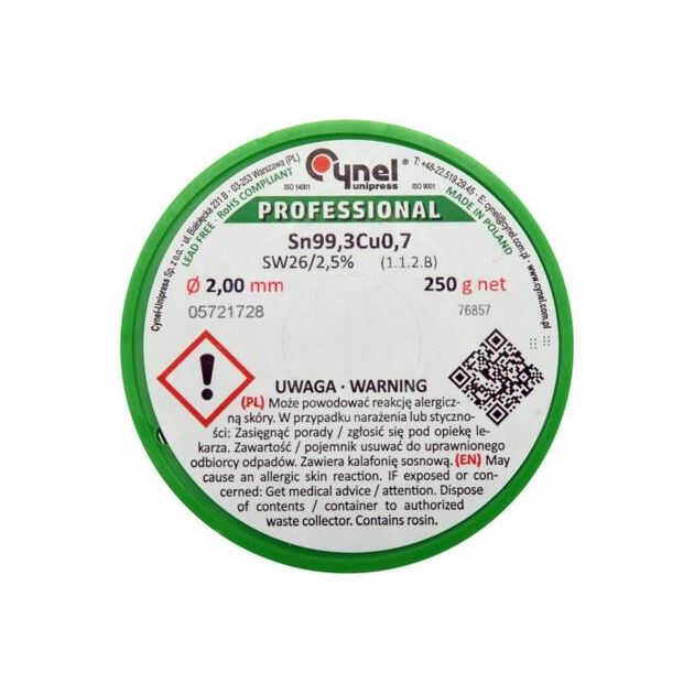 Припой без свинца CYNEL Ø2 мм, Sn99,3-Cu0,7, 250 г с флюсом, фото , изображение 2 | SNABZHENIE.com.ua