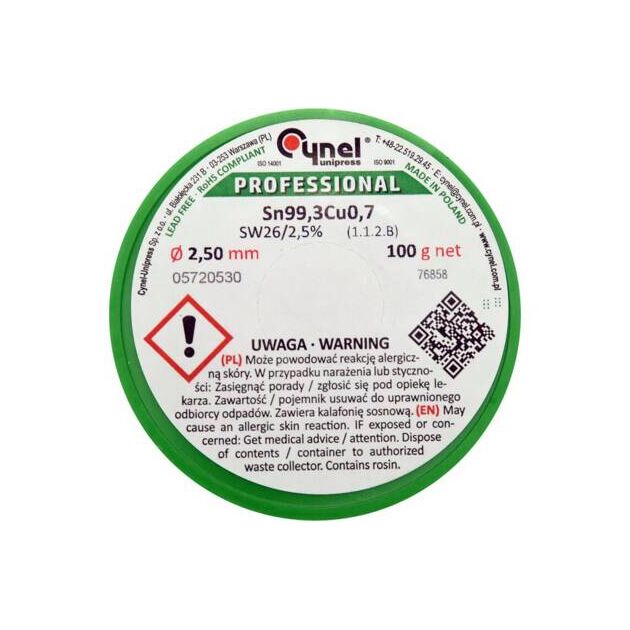 Припой без свинца CYNEL Ø2,5 мм, Sn99,3-Cu0,7, 100 г с флюсом, фото , изображение 2 | SNABZHENIE.com.ua