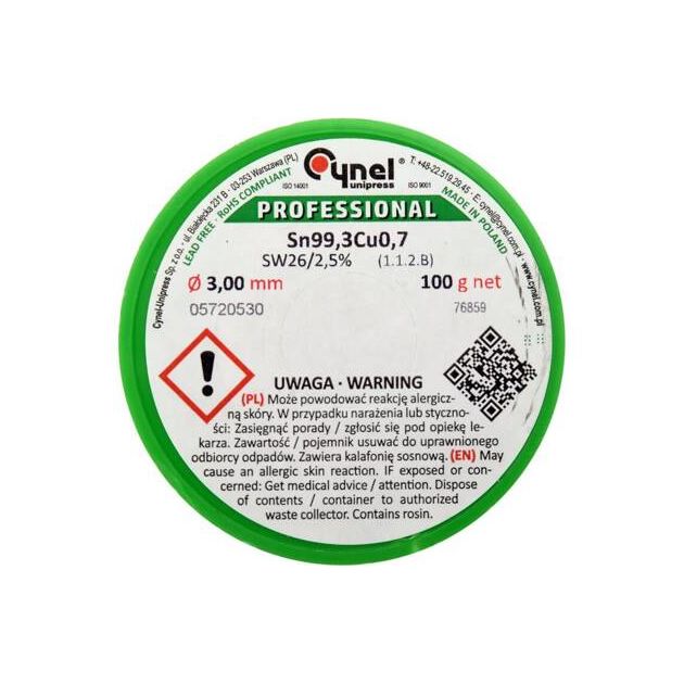 Припій без свинцю CYNEL Ø3 мм, Sn99,3-Cu0,7, 100 г з флюсом, фото , изображение 2 | SNABZHENIE.com.ua