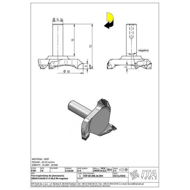 Фреза FDP D=80 I=8 S=16x50 L=70 Z=3 H6,0 RH негатив ITA TOOLS, фото  | SNABZHENIE.com.ua