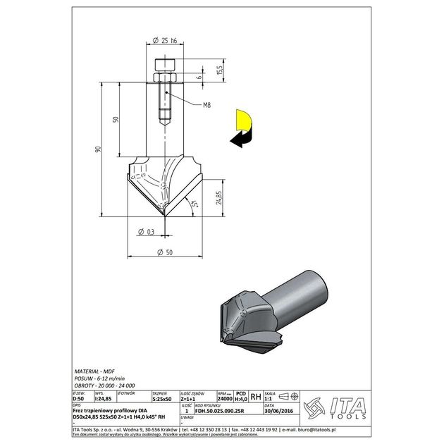 FDH. Фреза D=50 I=24,85 S=25x50 Z=1+1 H4,0 k45° RH ITA TOOLS, фото  | SNABZHENIE.com.ua