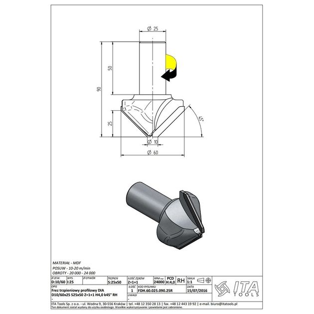 Фреза FDH D=60 I=25 S=25x50 Z=2 H6,0 k45° RH ITA TOOLS, фото  | SNABZHENIE.com.ua