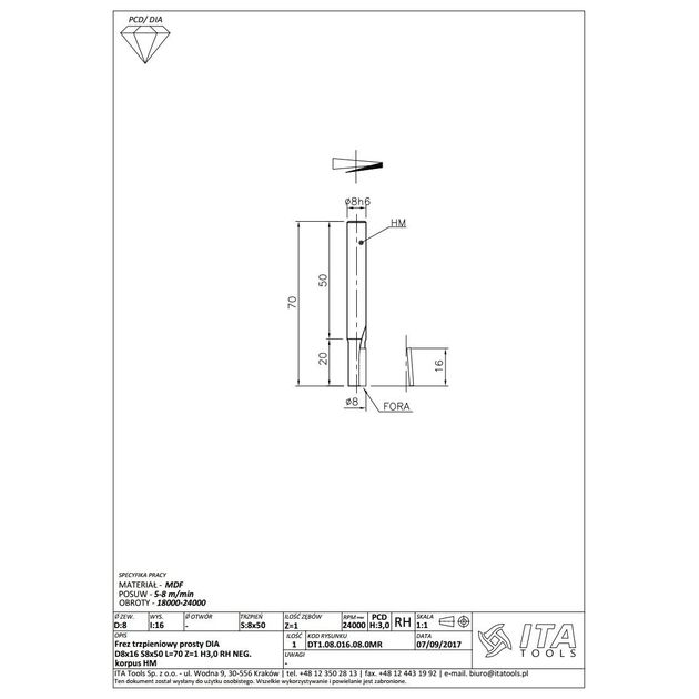 Фреза D=8 I=16 S=8x50 L=70 Z=1 H3,0 RH PRO, корпус HW ITA TOOLS, фото , изображение 4 | SNABZHENIE.com.ua