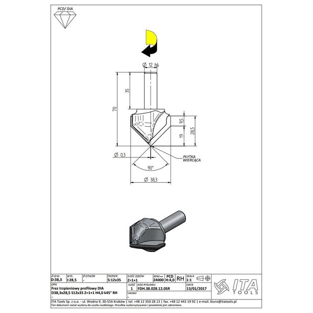 FDH. Фреза D=38 I=28,5 S=12x35 L=70 Z=2 H4,0 k45° RH ITA TOOLS, фото , изображение 4 | SNABZHENIE.com.ua FDH. Фреза D=38 I=28,5 S=12x35 L=70 Z=2 H4,0 k45° RH ITA TOOLS, фото , изображение 4 | SNABZHENIE.com.ua