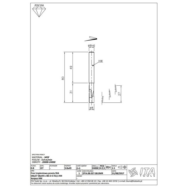 DTA Фреза DIA D=8 I=27 L=80 S=8x50 RH Z=3 HM корпус ITA TOOLS, фото , изображение 17 | SNABZHENIE.com.ua