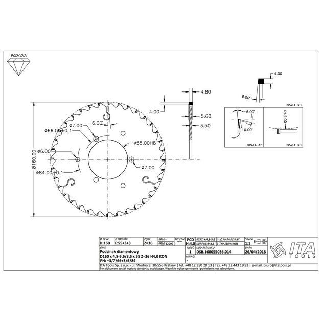 DSB. Подрезная пила D=160 F=55 Z=36 K=4,8/5,6 P=3,5 H=4 PH: 3/7/66+3/6/84, фото , изображение 2 | SNABZHENIE.com.ua