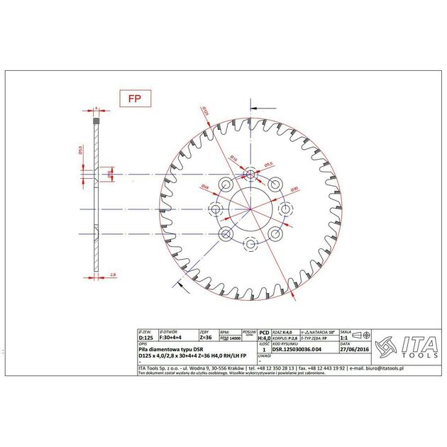 DSR. Пила D=125 F=30 Z=36 K/P=4,0/2,8 H=4 PH: +4/5,5-10/48RH +4/5,5-10/48LH FP, фото , зображення 2 | SNABZHENIE.com.ua
