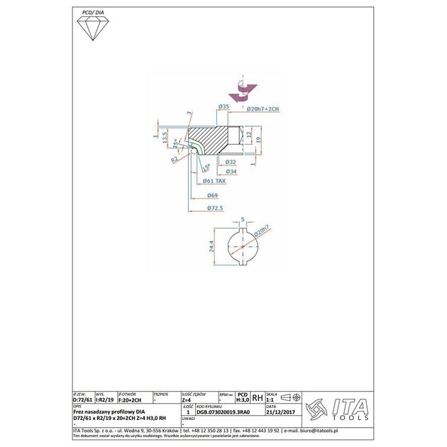 Фреза насадна D=72,5/61 I=19 F=20+2CH Z=4 H3,0 R2 RH Holz-her FF701/1833, фото , зображення 2 | SNABZHENIE.com.ua
