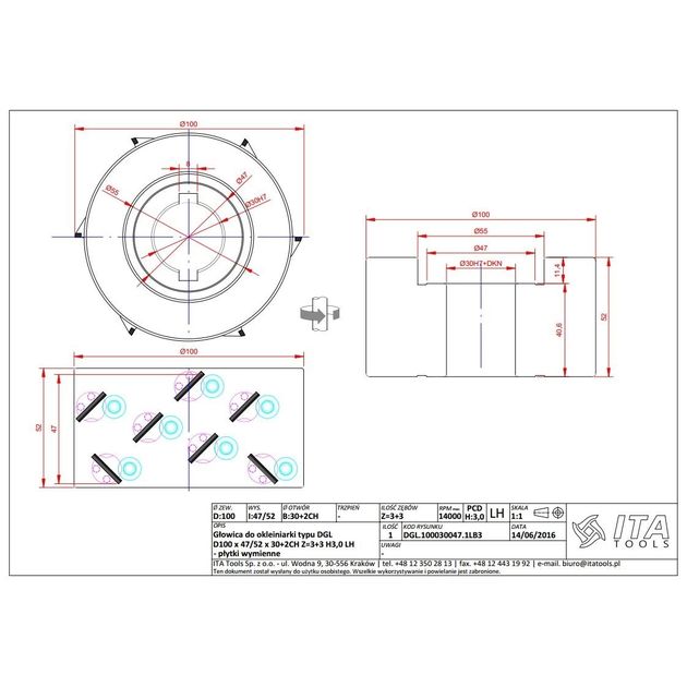 Насадна фреза DIA D=100 I=47/52 d=30+2CH Z=3+3 (15) H=3 LH верхня фаска, фото  | SNABZHENIE.com.ua
