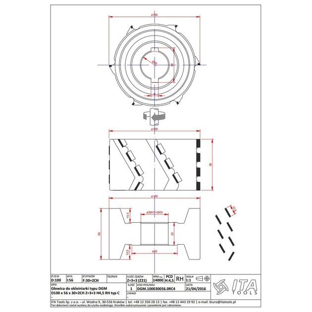 DGM Фреза насадная DIA D=100 l=56 d=30+2CH Z=3+3 H=4,5 RH двусторонняя, фото , изображение 3 | SNABZHENIE.com.ua