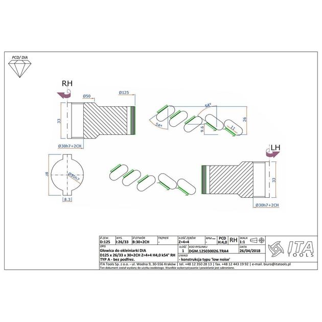 Фреза насадная DGM D=125 I=26/33 d=30+2CH Z=4+4 H=4 k54° RH, фото , изображение 3 | SNABZHENIE.com.ua Фреза насадная DGM D=125 I=26/33 d=30+2CH Z=4+4 H=4 k54° RH, фото , изображение 3 | SNABZHENIE.com.ua