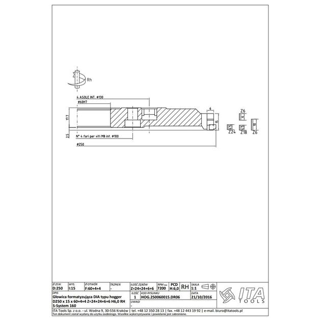 Фреза насадная Hogger D-CUT D=250 I=15 S-SYS160 F=60+4/15/100 Z=24+24+6+6 H6 RH, фото , изображение 3 | SNABZHENIE.com.ua Фреза насадная Hogger D-CUT D=250 I=15 S-SYS160 F=60+4/15/100 Z=24+24+6+6 H6 RH, фото , изображение 3 | SNABZHENIE.com.ua