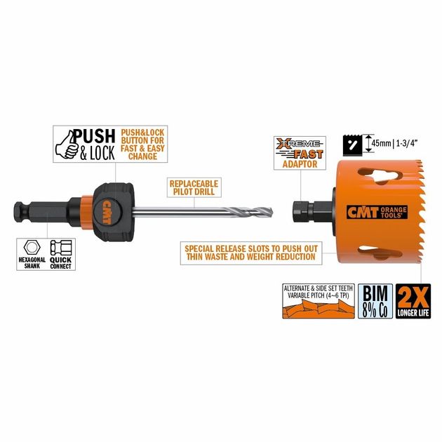 Коронка Bi-Metal+ 44 мм max rpm для металла и алюминия CMT, фото , изображение 2 | SNABZHENIE.com.ua Коронка Bi-Metal+ 44 мм max rpm для металла и алюминия CMT, фото , изображение 2 | SNABZHENIE.com.ua