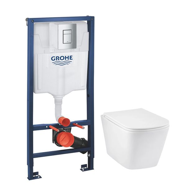 Комплект 4 в 1: Инсталляция Grohe Rapid SL 3 в 1 38772001 + Унитаз подвесной безобедочный Kroner Eifel WHI493436 TORNADO с сиденьем, фото  | SNABZHENIE.com.ua