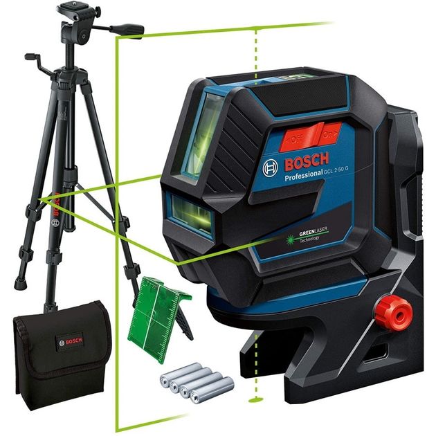 Bosch Нівелір лазерний Professional GCL 2-50 G, до 15 м, ± 0.3 мм/м, з штативом BT 150, тримачем RM 10, чохлом, мішенню, 0.58 кг, фото , изображение 2 | SNABZHENIE.com.ua