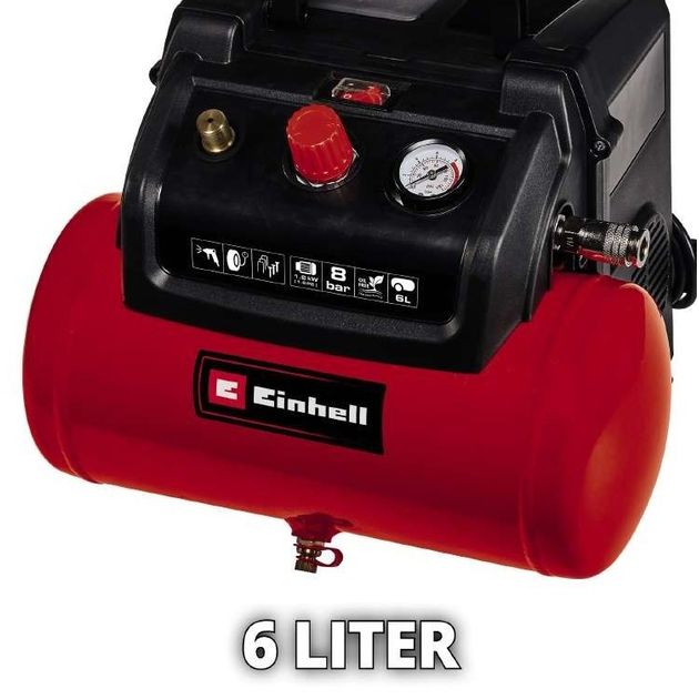 Einhell Компресор повітряний безмасляний TC-AC 190/6/8 OF, 1200Вт, 6л, 190л/хв, 8бар, 8.9кг, фото , изображение 8 | SNABZHENIE.com.ua Einhell Компресор повітряний безмасляний TC-AC 190/6/8 OF, 1200Вт, 6л, 190л/хв, 8бар, 8.9кг, фото , изображение 8 | SNABZHENIE.com.ua