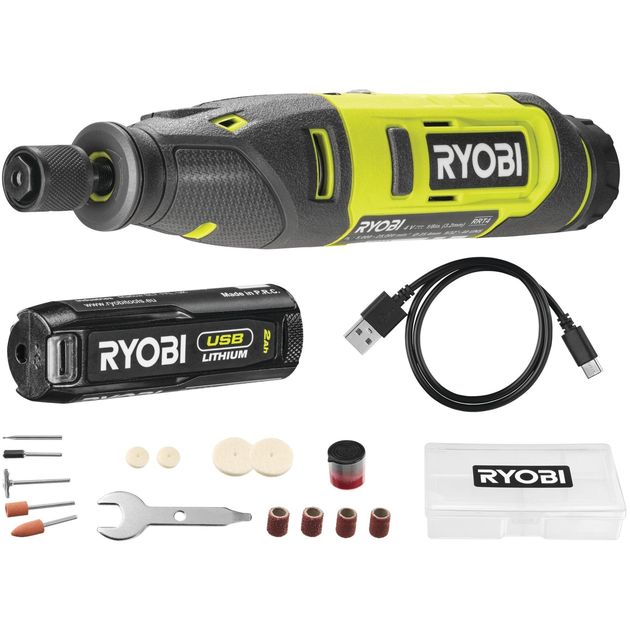 Ryobi Шліфмашина шліфувально-гравірувальна акумуляторна USB Lithium RRT4-120GA15 4В 1х2А·год 15 аксесуарів 0.23кг, фото  | SNABZHENIE.com.ua