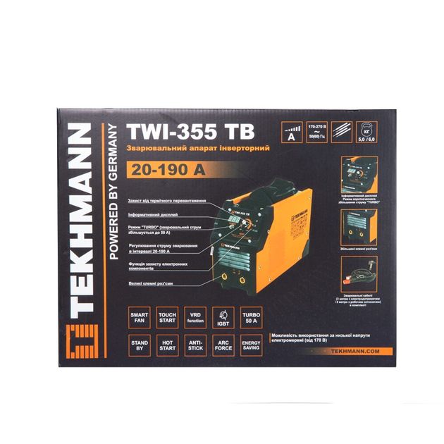 TEKHMANN Зварювальний апарат інверторний TWI-355 TB 140А(190А turbo режим) 5.2-8.2кВт 170-270В 5кг, фото , зображення 9 | SNABZHENIE.com.ua TEKHMANN Зварювальний апарат інверторний TWI-355 TB 140А(190А turbo режим) 5.2-8.2кВт 170-270В 5кг, фото , зображення 9 | SNABZHENIE.com.ua