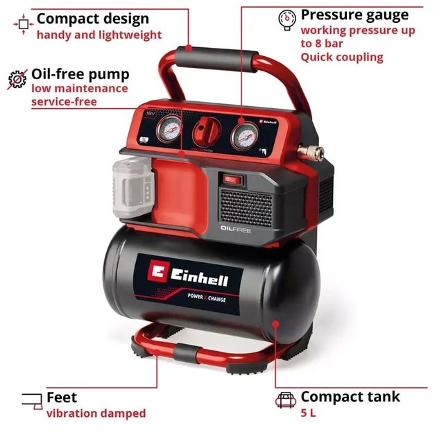 Einhell Компресор повітряний TE-AC 18/75 Li OF - Solo, акумуляторний 18В PXC, 8бар, 75л/хв, бак 5л, 7.76кг, (без АКБ та ЗП), фото , изображение 6 | SNABZHENIE.com.ua Einhell Компресор повітряний TE-AC 18/75 Li OF - Solo, акумуляторний 18В PXC, 8бар, 75л/хв, бак 5л, 7.76кг, (без АКБ та ЗП), фото , изображение 6 | SNABZHENIE.com.ua