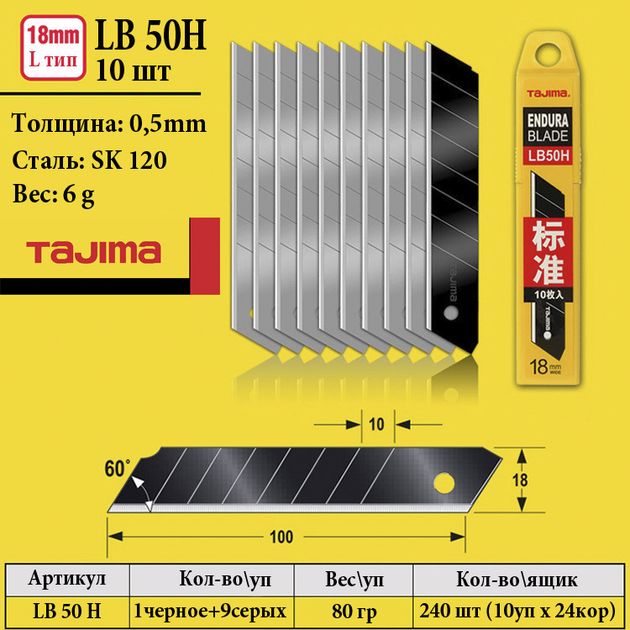 Лезвия для ножа 18 мм TAJIMA (Япония) LB50H сегментные 10 шт, фото , изображение 8 | SNABZHENIE.com.ua Лезвия для ножа 18 мм TAJIMA (Япония) LB50H сегментные 10 шт, фото , изображение 8 | SNABZHENIE.com.ua