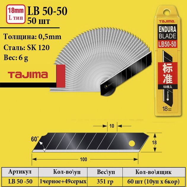 Лезвия для ножа 18 мм TAJIMA (Япония) LB50-50 сегментные 50 шт, фото , изображение 6 | SNABZHENIE.com.ua Лезвия для ножа 18 мм TAJIMA (Япония) LB50-50 сегментные 50 шт, фото , изображение 6 | SNABZHENIE.com.ua