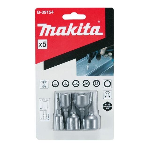Makita Набор насадок магнитных с хвост.1 / 4''Hex (6,8,10,12,13х50 мм), фото  | SNABZHENIE.com.ua