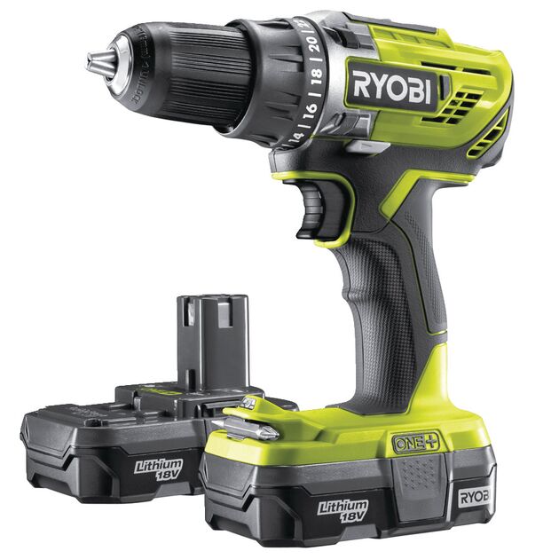 Ryobi Шуруповерт ONE + R18DD3-213S акумуляторний, 18В Li-Ion, 2-скор. 2х1.3Aч, 13мм, сумка, фото , изображение 2 | SNABZHENIE.com.ua