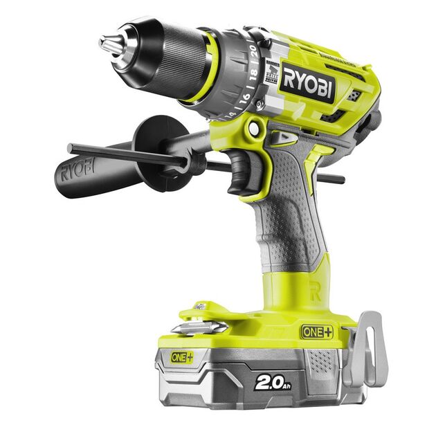 Ryobi Шуруповерт-дриль RONE+ R18PD7-220B, 18В, ударний, безщітковий, 85Нм, 2х2.0Ач, фото , изображение 2 | SNABZHENIE.com.ua