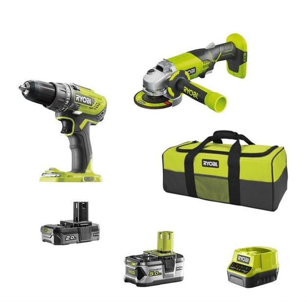 Ryobi Набір інструментів ONE+ R18DDAG-252S: шуруповерт R18DD3, КШМ R18AG, фото , изображение 2 | SNABZHENIE.com.ua