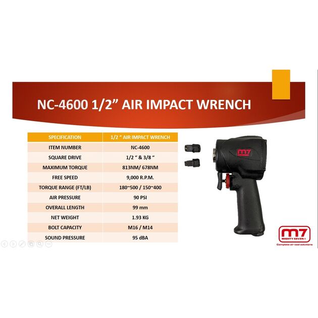 Mighty Seven Пневмогайкокрут 1/2"- 3/8" 9000 об/хв 813/678 Нм зі змінним квадратом, фото , изображение 2 | SNABZHENIE.com.ua