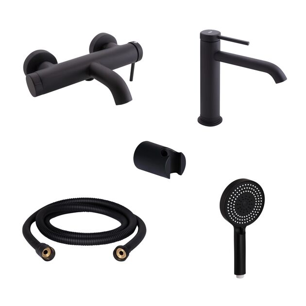 Комплект для ванной Qtap Robin Black: Смесители QTROB3060102B+QTROB1060M102B+Держатель QT829910842854OB+Шланг QT054BL43074+Лейка QTRUC125BLM45776, фото  | SNABZHENIE.com.ua