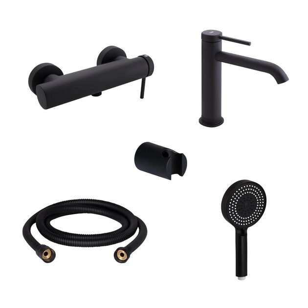 Комплект для душа Qtap Robin Black: Смесители QTROB4060102B+QTROB1060M102B+Держатель QT829910842854OB+Шланг QT054BL43074+Лейка QTRUC125BLM45776, фото  | SNABZHENIE.com.ua