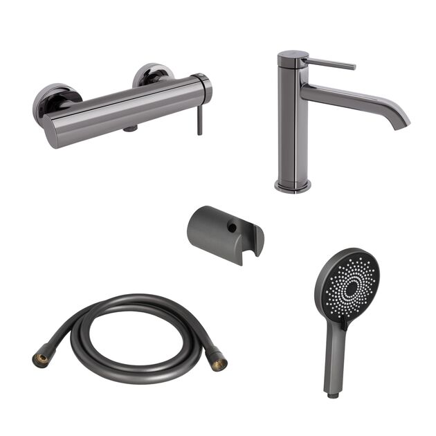 Комплект для душа Qtap Robin Black Chrome: Смесители QTROB4060102K+QTROB1060M102K+Держатель QT829910842854GRP+Шланг QTHADPVC160G+Лейка QTRUCA120R3GRP, фото  | SNABZHENIE.com.ua