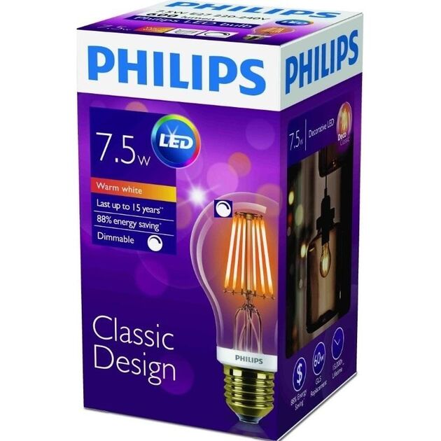 Philips LED Fila Dim E27 7.5-60W 2700K 230V A60 GOLD, фото , зображення 3 | SNABZHENIE.com.ua Philips LED Fila Dim E27 7.5-60W 2700K 230V A60 GOLD, фото , зображення 3 | SNABZHENIE.com.ua