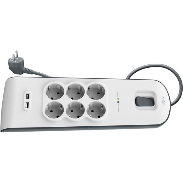 Belkin Мережевий фільтр з захистом від перенапруги, 6 роз., 2xUSB 2.4A, 650 Дж, UL 500 В, кабель 2м, фото  | SNABZHENIE.com.ua