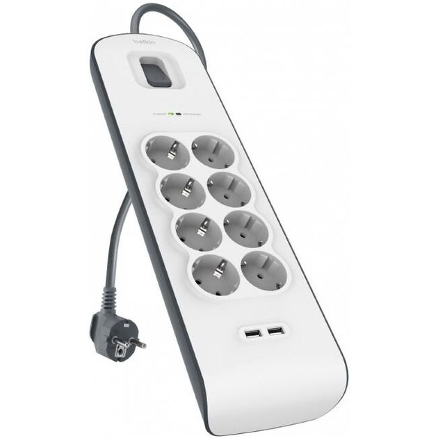 Belkin Мережевий фільтр з захистом від перенапруги, 8 роз., 2xUSB 2.4A, 900 Дж, UL 500 В, кабель 2м, фото  | SNABZHENIE.com.ua