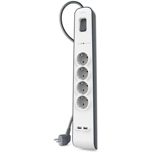 Belkin Подовжувач-фільтр мережевий 4хТип F, 3x1.5мм кв, 16А, 2xUSB-A 2.4A, з захистом від перенапруги, 2м, білий, фото  | SNABZHENIE.com.ua
