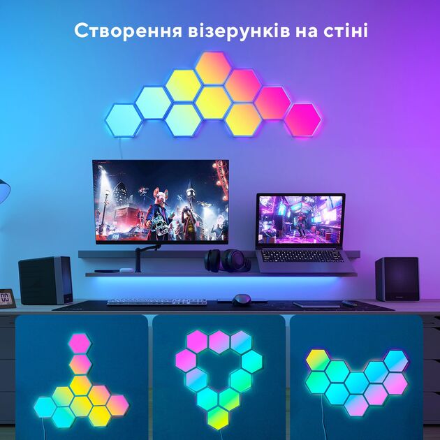 Govee Набір настінних світильників H6061 Glide Hexa Light Panels 10шт RGB Білий, фото , зображення 6 | SNABZHENIE.com.ua Govee Набір настінних світильників H6061 Glide Hexa Light Panels 10шт RGB Білий, фото , зображення 6 | SNABZHENIE.com.ua