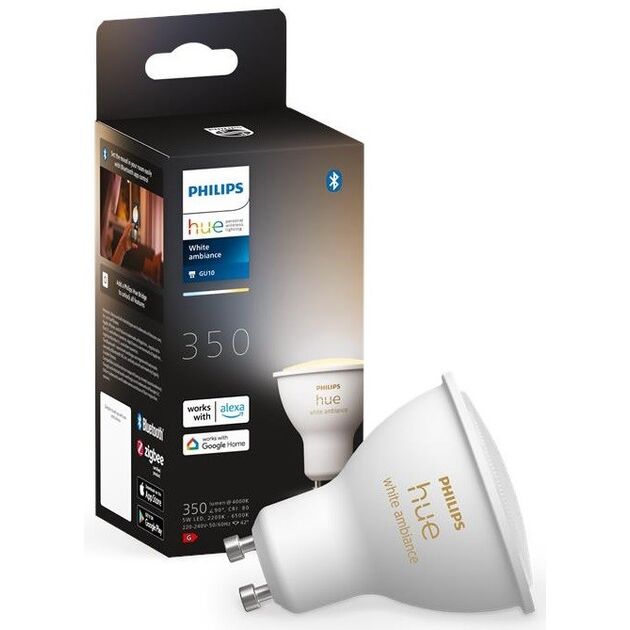 Philips Hue Лампа розумна GU10, 5W(50Вт), 2200K-6500K, Tunable white, ZigBee, Bluetooth, димування, фото  | SNABZHENIE.com.ua