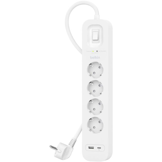 Belkin Подовжувач-фільтр мережевий 4хТип F, 3x1.5мм кв, 16А, USB-A/USB-C 18Вт, з захистом від перенапруги, 2м, білий, фото , изображение 3 | SNABZHENIE.com.ua Belkin Подовжувач-фільтр мережевий 4хТип F, 3x1.5мм кв, 16А, USB-A/USB-C 18Вт, з захистом від перенапруги, 2м, білий, фото , изображение 3 | SNABZHENIE.com.ua