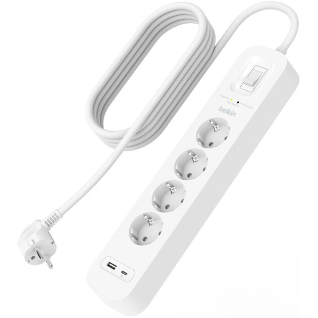 Belkin Подовжувач-фільтр мережевий 4хТип F, 3x1.5мм кв, 16А, USB-A/USB-C 18Вт, з захистом від перенапруги, 2м, білий, фото  | SNABZHENIE.com.ua